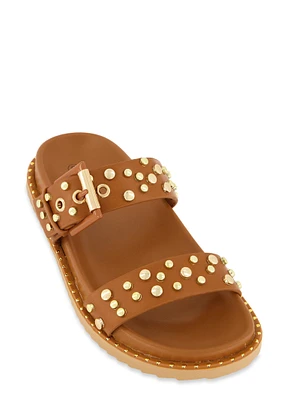 Womens Studded Double Band Footbed Slide Sandals, Brown,