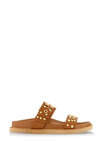 Womens Studded Double Band Footbed Slide Sandals, Brown,