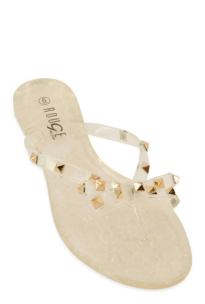 Womens Bow Studded Jelly Thong Slide Sandals, Clear,