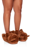 Womens Rhinestone Bear Faux Fur Slippers, Brown, Size 10-11