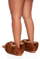 Womens Rhinestone Bear Faux Fur Slippers, Brown, Size 12
