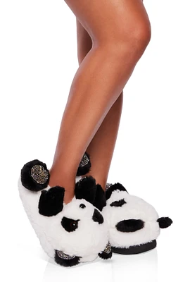 Womens Rhinestone Bear Faux Fur Slippers, Multi, Size 8-9