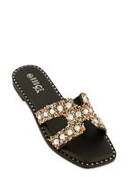Womens Rhinestone Studded Cut Out Band Slide Sandals, Black,