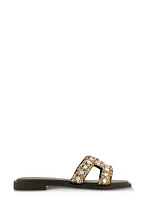 Womens Rhinestone Studded Cut Out Band Slide Sandals, Black,