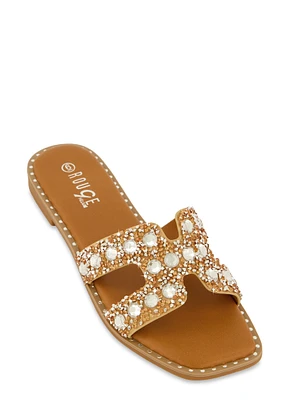 Womens Rhinestone Studded Cut Out Band Slide Sandals, Brown, Size 12