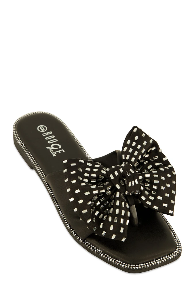 Womens Rhinestone Bow Thong Slide Sandals, Black,