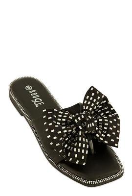 Womens Rhinestone Bow Thong Slide Sandals, Black,
