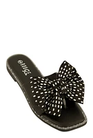 Womens Rhinestone Bow Thong Slide Sandals, Black,