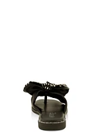 Womens Rhinestone Bow Thong Slide Sandals, Black,