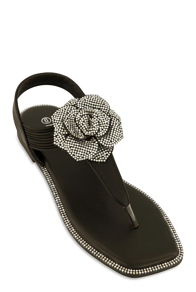 Womens Flower Rhinestone Corded Thong Sandals,