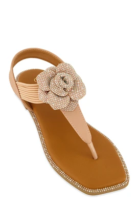 Womens Flower Rhinestone Corded Thong Sandals, Brown,