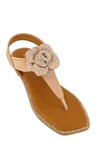 Womens Flower Rhinestone Corded Thong Sandals, Brown, Size 9