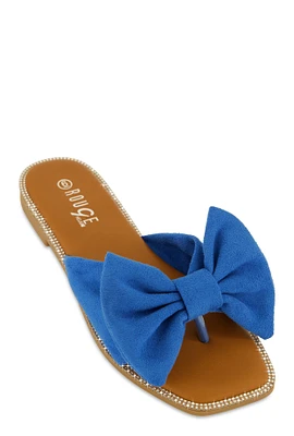 Womens Faux Suede Bow Thong Slide Sandals,