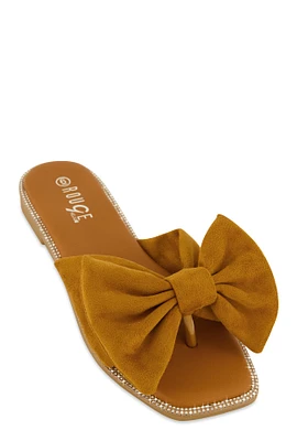 Womens Faux Suede Bow Thong Slide Sandals, Brown, Size 9