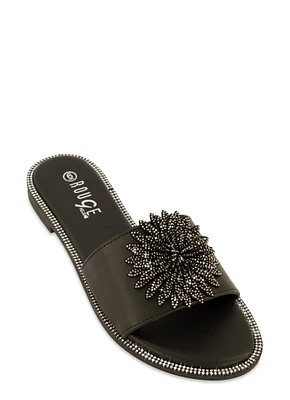 Womens Rhinestone Studded 3D Floral Band Slide Sandals,