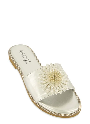 Womens Rhinestone Studded 3D Floral Band Slide Sandals, Silver,
