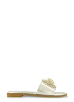 Womens Rhinestone Studded 3D Floral Band Slide Sandals, Silver,