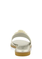 Womens Rhinestone Studded 3D Floral Band Slide Sandals, Silver,