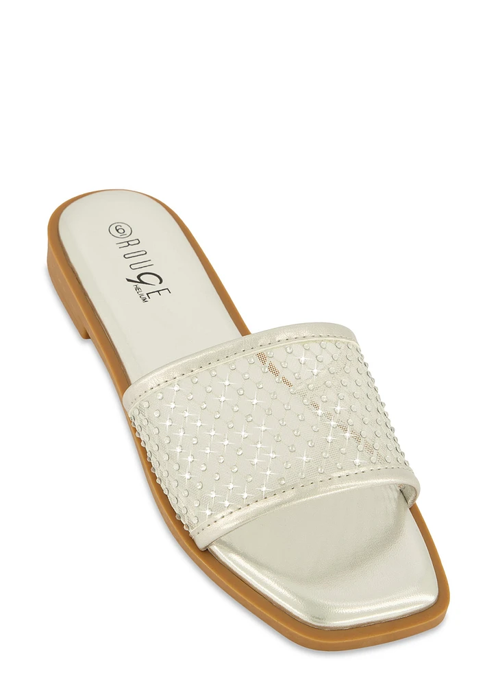 Womens Rhinestone Mesh Band Slide Sandals, Silver, Size 10