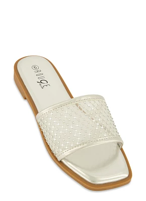 Womens Rhinestone Mesh Band Slide Sandals, Silver, Size 10