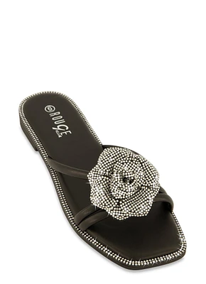 Womens Rhinestone Floral Strappy Flat Sandals, Black, Size 11