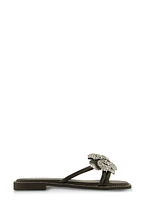 Womens Rhinestone Floral Strappy Flat Sandals, Black, Size 11