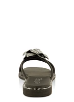 Womens Rhinestone Floral Strappy Flat Sandals, Black, Size 11