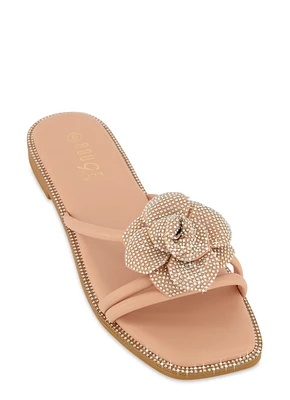 Womens Rhinestone Floral Strappy Flat Sandals,