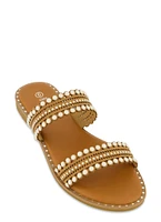 Womens Studded Double Band Slide Sandals, Brown,