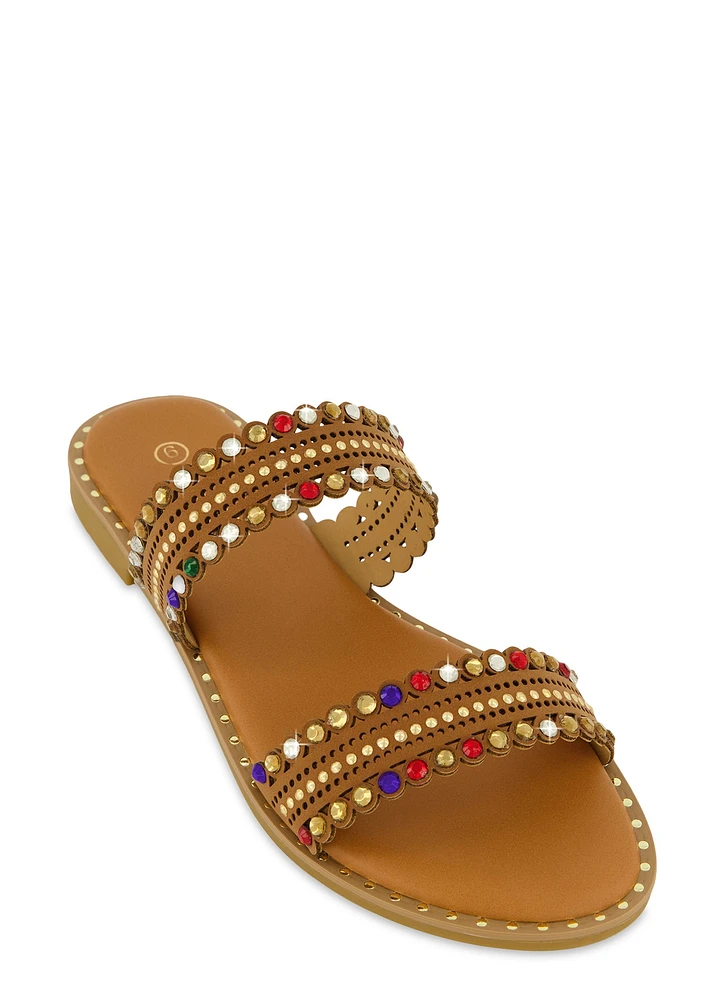 Womens Studded Double Band Slide Sandals, Brown,