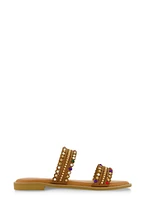 Womens Studded Double Band Slide Sandals, Brown,