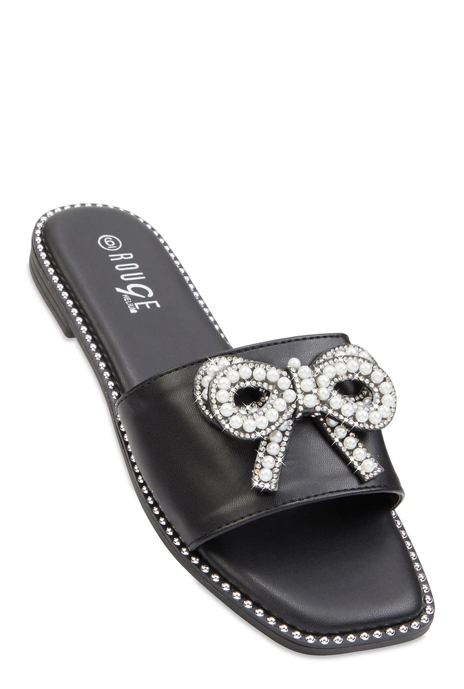 Womens Rhinestone Faux Pearl Bow Band Slide Sandals,