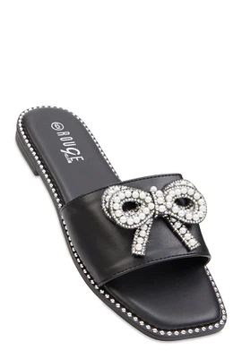 Womens Rhinestone Faux Pearl Bow Band Slide Sandals,