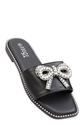 Womens Rhinestone Faux Pearl Bow Band Slide Sandals,