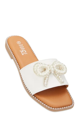 Womens Rhinestone Faux Pearl Bow Band Slide Sandals, White,