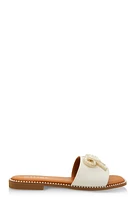 Womens Rhinestone Faux Pearl Bow Band Slide Sandals, White, Size 10