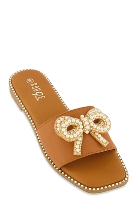 Womens Rhinestone Faux Pearl Bow Band Slide Sandals,