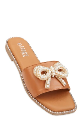 Womens Rhinestone Faux Pearl Bow Band Slide Sandals, Brown, Size 6.5
