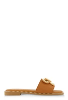 Womens Rhinestone Faux Pearl Bow Band Slide Sandals, Brown, Size 6.5