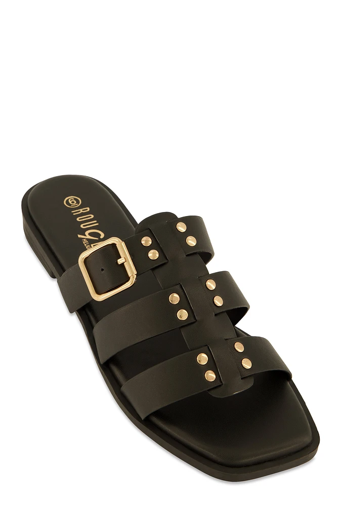 Womens Studded Buckle Detail Slide Sandals,