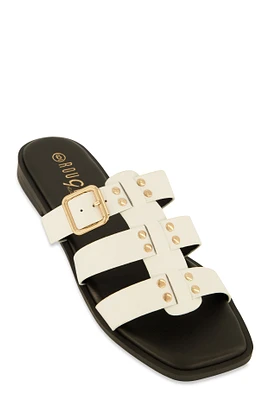 Womens Studded Buckle Detail Slide Sandals, White,