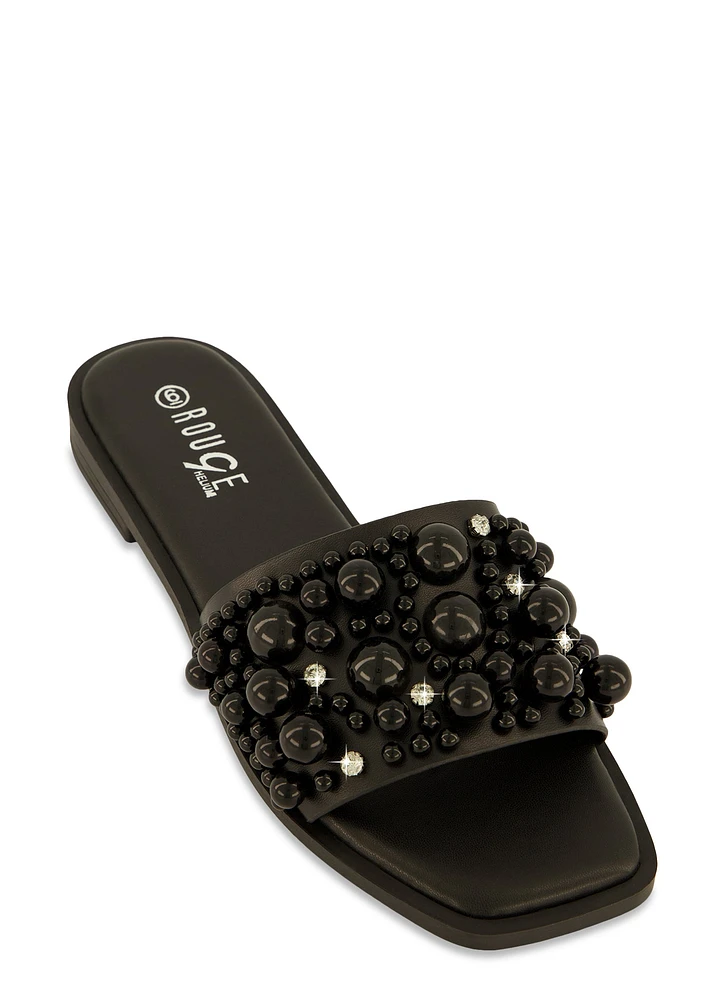 Womens Embellished Faux Pearl Studded Slide Sandals,