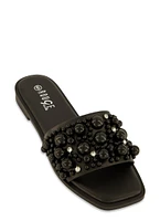 Womens Embellished Faux Pearl Studded Slide Sandals,