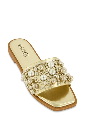 Womens Embellished Faux Pearl Studded Slide Sandals,