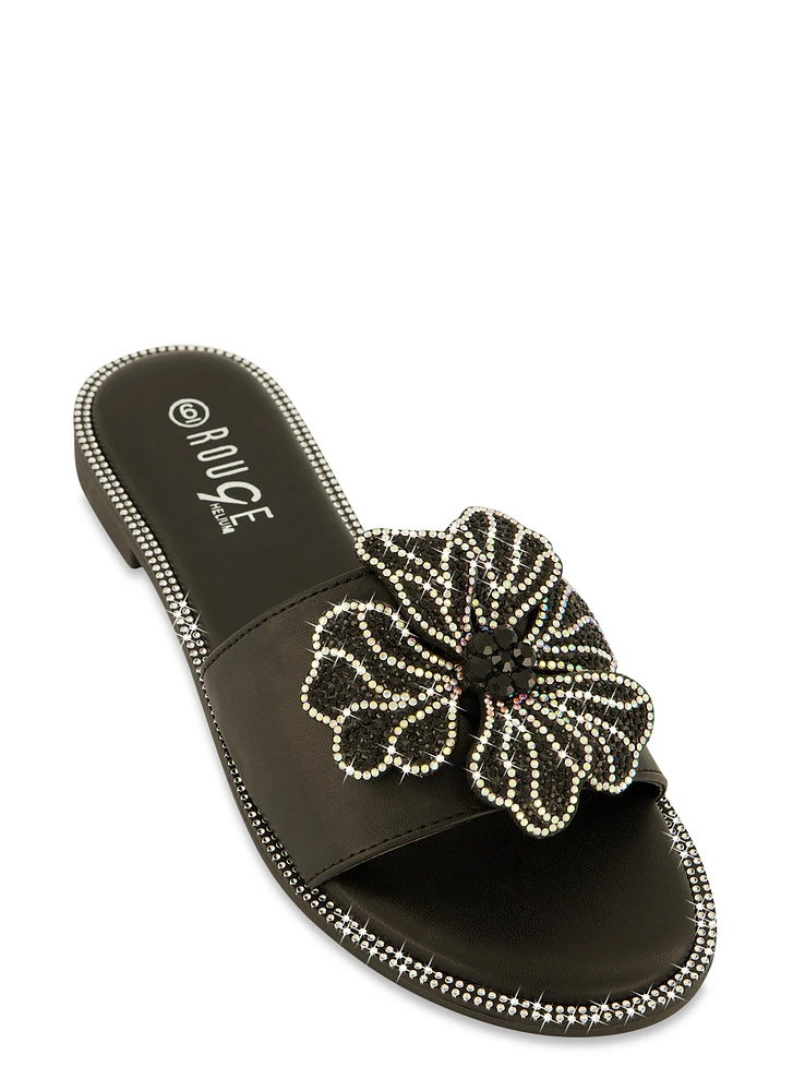 Womens Rhinestone Trim Flower Detail Slide Sandals,