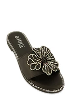 Womens Rhinestone Trim Flower Detail Slide Sandals,