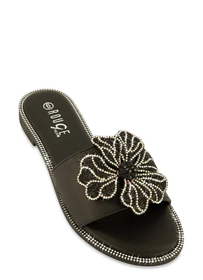 Womens Rhinestone Trim Flower Detail Slide Sandals, Black, Size 10