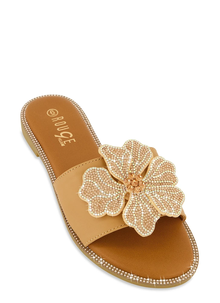 Womens Rhinestone Trim Flower Detail Slide Sandals,