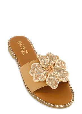 Womens Rhinestone Trim Flower Detail Slide Sandals,