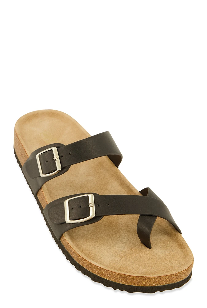 Womens Double Buckle Toe Loop Footbed Sandals,